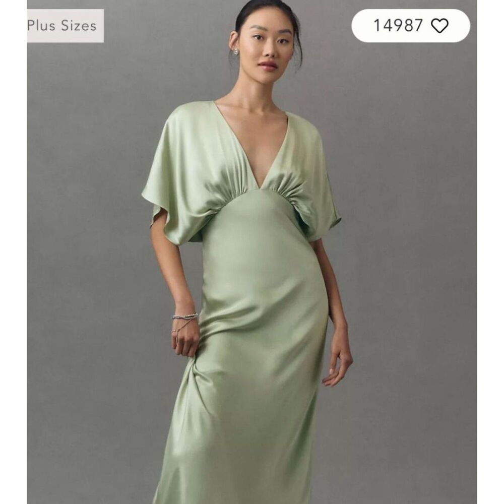 Anthropologie · BHLDN Green Leila V-Neck Flutter Sleeve Satin Dress | Size 24W